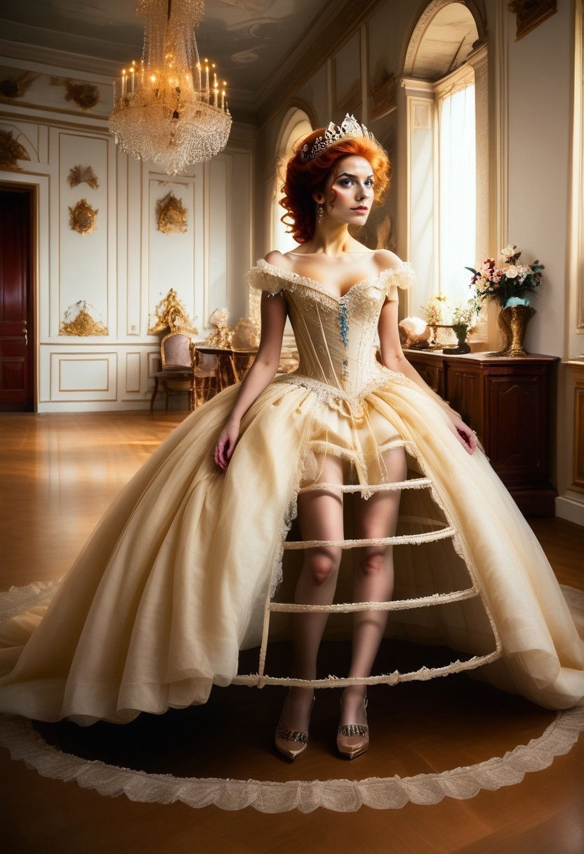 score_9, score_8_up, score_7_up, rating_safe, Fixhand, 
concept art, realistic, dark theme, low light, dvr-gs.
1girl, solo.
Ginger hair, Blue eyes. ((Long legs:1.5))
CrinolineDress. ((CageSkirt:1.5)),