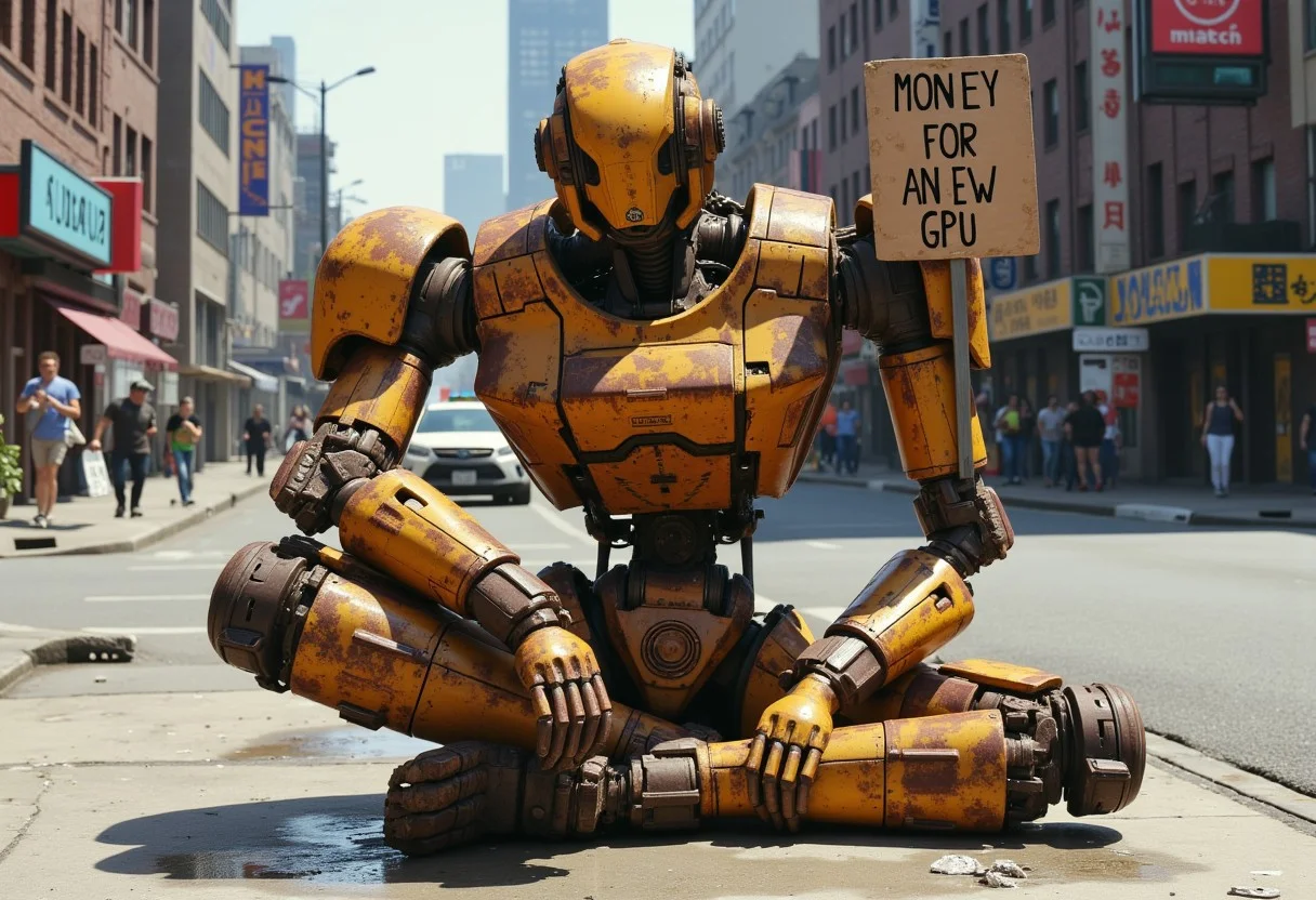 a rusty mech the size of an average human sitting on a city sidewalk, ((the mech holding a sign that said need Money for a new GPU)), the mech heavily damaged and missing one of its arms, and the mech paint is weathered. full-body shot .fluxmecha, aidmaHyperrealism, mythp0rt