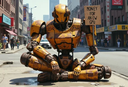 a rusty mech the size of an average human sitting on a city sidewalk, ((the mech holding a sign that said need Money for a new GPU)), the mech heavily damaged and missing one of its arms, and the mech paint is weathered. full-body shot .fluxmecha, aidmaHyperrealism, mythp0rt