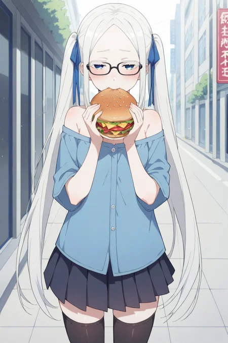 score_9, score_8_up, score_7_up, source_anime, 1girl, prefect lighting, very aesthetic, intricate details, highly detailed background, masterpiece, high quality, prefect hands, best quality, solo,
<lora:Pandora_ReZero_V1:.75>, KJOpandora, white hair, blue eyes, parted bangs, Long eyelashes, very long hair, hair ribbon, half-closed eyes, pale skin,
off shoulder, blue shirt, black pleated skirt, black thighhighs, glasses, high twintails,
standing, looking at viewer, holding burger, breasts, eating, biting burger, embarrassed, blush,
street, daytime, buildings, sidewalk,
(Beautiful, small Breasts:1.2), natural breasts,