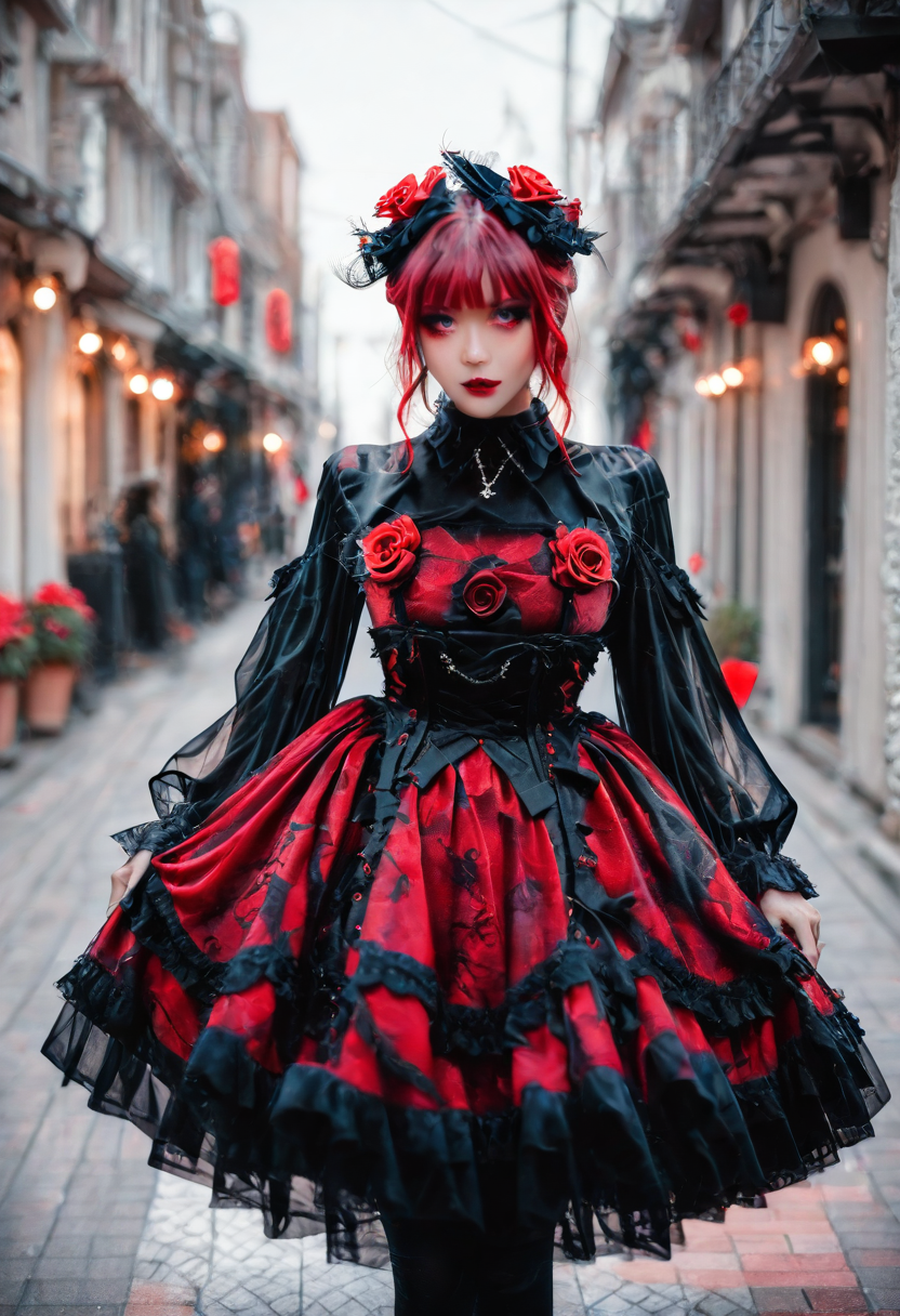 <lora:Illustrious_Realistic_Fashion_Collection_-_Gothic_Lita:1> girl wearing a gothic fashion dress, on the street, black and red dress with roses, subsurface scathering, depth of field, skin pores, detailed skin, masterpiece, best quality, newest, absurdres, highres, feeling, impact, very awa, dim lighting, sidelighting, skindentation, amazing quality, scenery, very aesthetic, newest, volumetric lighting, blending, <lora:add-detail-xl:1> <lora:cfg_scale_boost:1> <lora:sdxl_enhance:1> <lora:spo_sdxl_10ep_4k-data_lora_webui:1>
