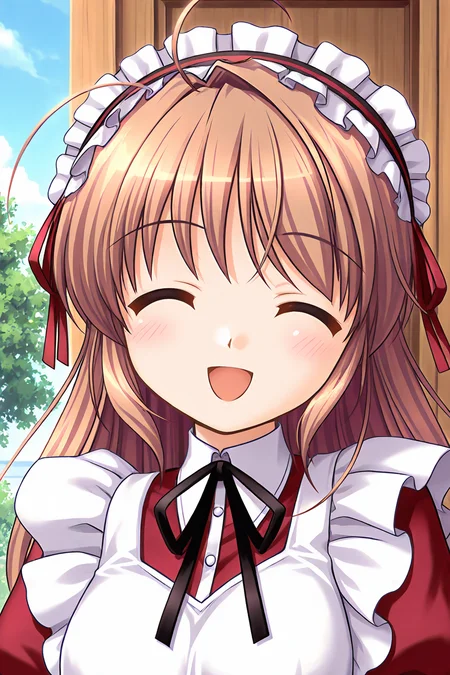 masterpiece, best quality, absurdres, official art, official style, rating general BREAK <lora:yuukiharuna_IL_v1-1:0.7>, yuuki haruna, 1girl, solo, brown eyes, brown hair, ahoge, long hair, hair intakes, medium breasts, maid, maid headdress, black hairband, frilled hairband, hairband with ribbon, red ribbon, red dress, pinafore dress, collared dress, puffy short sleeves, neck ribbon, arm ribbon, black ribbon, wrist cuffs, maid apron, white apron, frilled apron, outdoors, day, cloud, tree, blue sky, upper body, portrait, close-up,
blush, :d, ^o^, closed eyes, facing viewer, happy, happy smile, looking at viewer, open mouth, smile