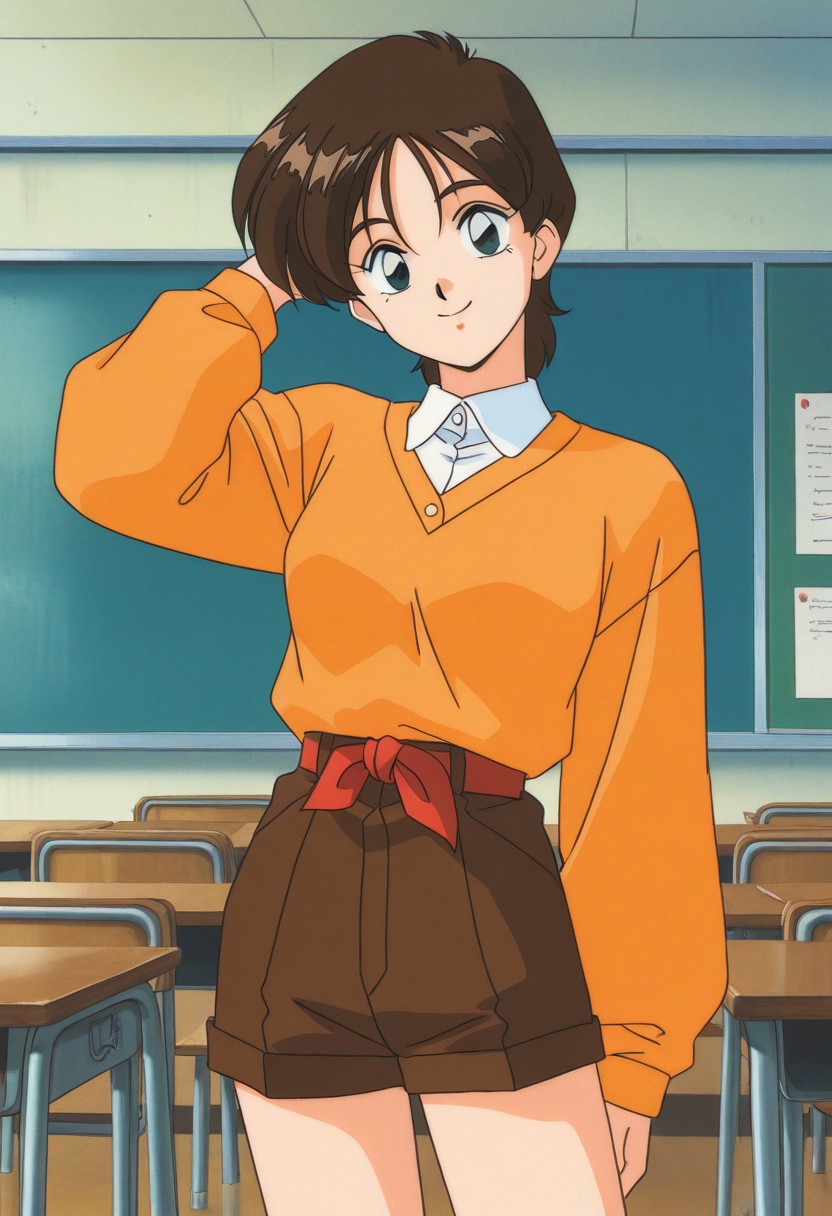 score_9, score_8_up, score_7_up, source_anime,masterpiece, best quality, retro_artstyle, 1990s_\(style\),official art,a girl,solo, Hikaru,brown_hair,short_hair,black_eyes,orange_sweater,white_shirt,brown_shorts,small_breasts,empty classroom,(detailed face and eyes,smile:1.2), looking at viewer,(cowboy shot),
