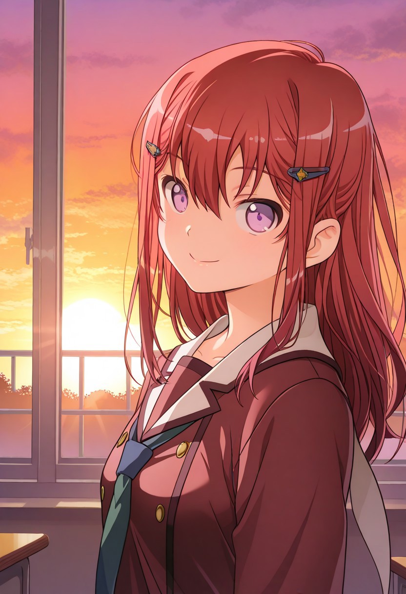 , solo , Inobatlestyle, masterpiece, best quality, absurdres, very aesthetic, solo, classroom , from up, sunset, sunsets light, Kanzaki_Tomoyo, 1girl, red hair, red scholar uniform, Looking curious , smile, half body