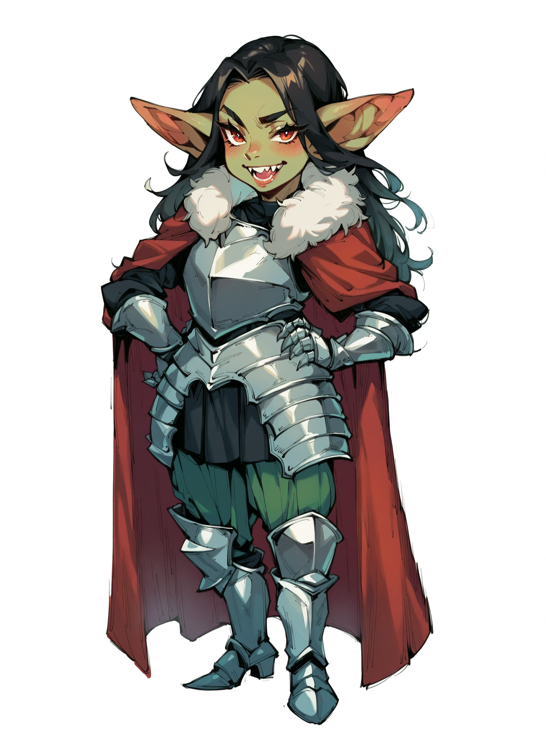 score_9, score_8_up, score_7_up, score_6_up, score_5_up, score_4_up, goblin girl,  ((green skin)), beauty mars, unusual teeth, hand on hip, milf, simple background, beautiful, solo, standing, shortstack, long hair, black hair, armored boots, boots, plate armor, red cape, greaves, fur trim, 5 fingers ,  <lora:Knight Armor:1>