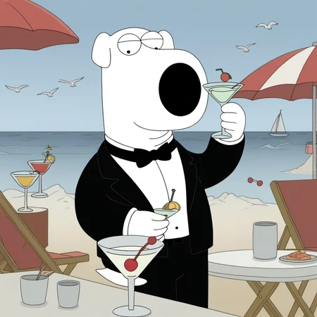 a brian griffin wears a tuxedo having a cocktail on the beach <lora:Brian1024:0.8>