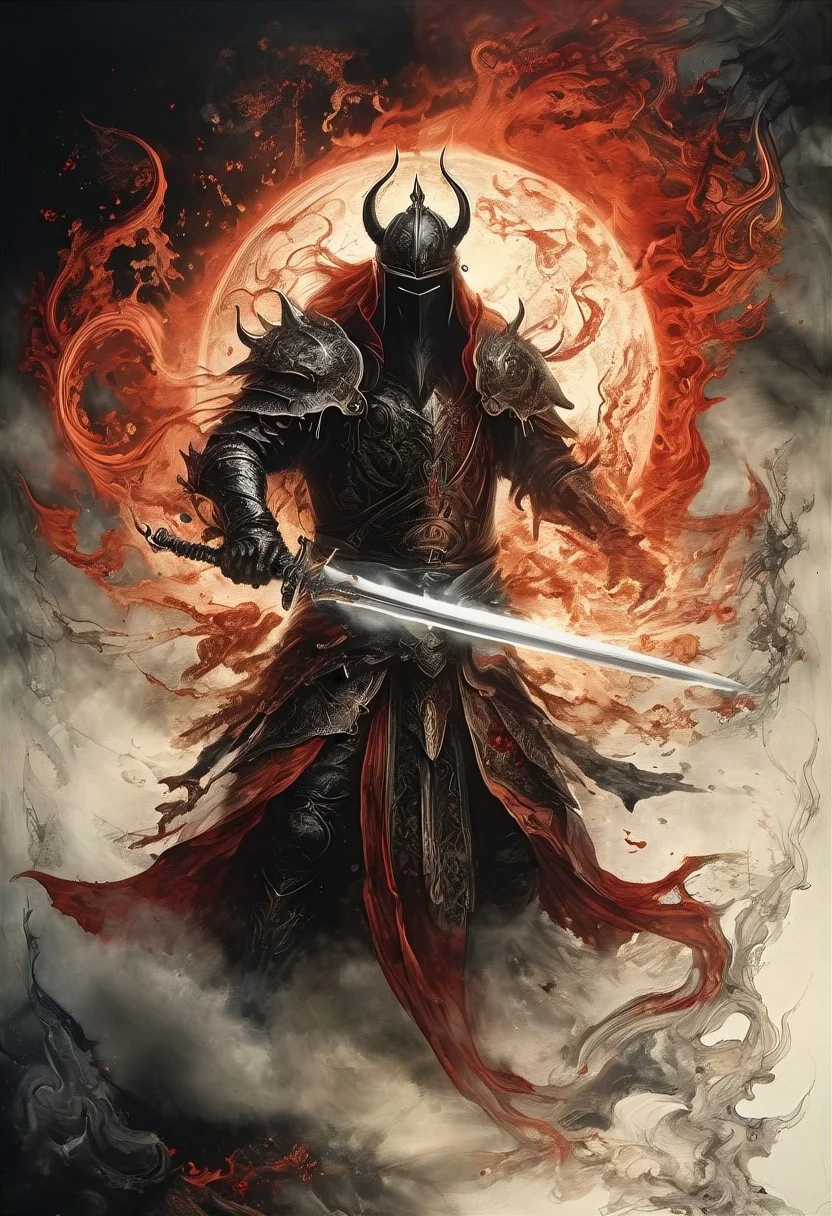 (red and gold and black with hints of blue), (fractal art:1.4) , (in Red tattered torn cloak holding big ass serrated sword), cloak blowing in wind, big menacing detailed scale mail pauldrons, (menacing intricately designed evil horned warlord helmet, glowing red eyes), intricately designed black bladed sword with red smoke flowing around the serrated blade, (his hand he summons a large white electrified orb:1.4), extremely detailed, (ink-style, ink_wash_painting),