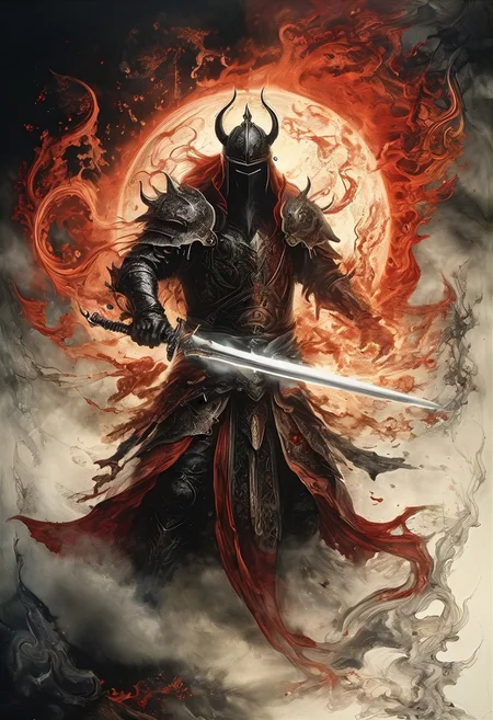 (red and gold and black with hints of blue), (fractal art:1.4) , (in Red tattered torn cloak holding big ass serrated sword), cloak blowing in wind, big menacing detailed scale mail pauldrons, (menacing intricately designed evil horned warlord helmet, glowing red eyes), intricately designed black bladed sword with red smoke flowing around the serrated blade, (his hand he summons a large white electrified orb:1.4), extremely detailed, (ink-style, ink_wash_painting),