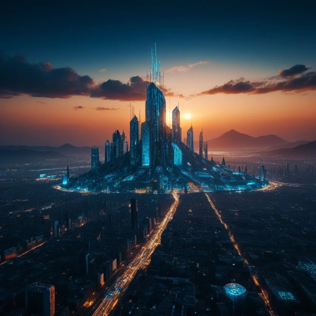 a colossal cybernetic leviathan covered in living tattoos that shift and morph like programming languages, slithering through the sky between highrises, its skin glowing with bioelectric pulse patterns, thunderclouds respond to its motion, shadowed glass buildings reflect its form, deep blue storm lighting, CyberpunkWorld