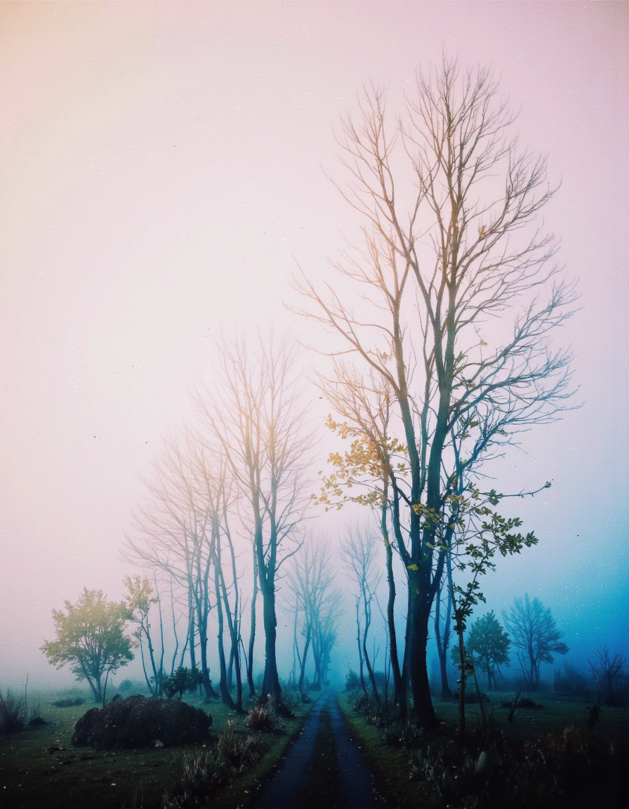 Art by Mario Nevado. This is a high-quality, digitally manipulated photograph with a dreamy, surreal aesthetic. The image features a misty, ethereal landscape with a gradient sky transitioning from soft pink to blue. Tall, thin trees with sparse leaves dominate the scene, creating leading lines that draw the eye towards the horizon. The background is slightly blurred, enhancing the depth of field. The lighting appears natural, with diffused sunlight giving the image a soft glow. The photograph likely uses a wide-angle lens, capturing the expansive scenery. The overall aesthetic quality is very high, with a harmonious blend of colors and a mystical atmosphere.