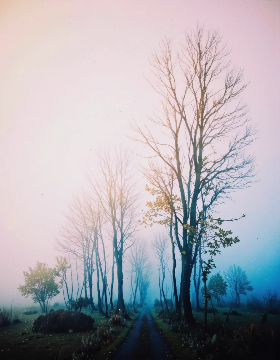 Art by Mario Nevado. This is a high-quality, digitally manipulated photograph with a dreamy, surreal aesthetic. The image features a misty, ethereal landscape with a gradient sky transitioning from soft pink to blue. Tall, thin trees with sparse leaves dominate the scene, creating leading lines that draw the eye towards the horizon. The background is slightly blurred, enhancing the depth of field. The lighting appears natural, with diffused sunlight giving the image a soft glow. The photograph likely uses a wide-angle lens, capturing the expansive scenery. The overall aesthetic quality is very high, with a harmonious blend of colors and a mystical atmosphere.