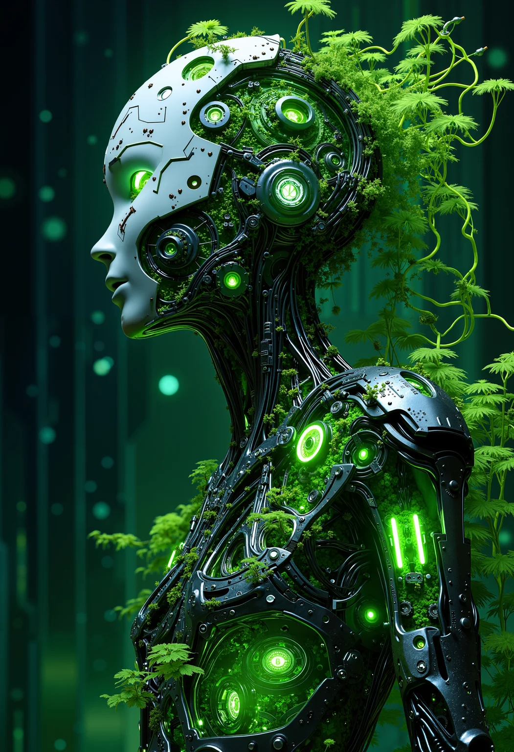 bo-naturepunk, naturecyberpunk, greenpunk, A futuristic, hyperrealistic portrait of a humanoid figure composed of intricate mechanical components and organic elements. The setting features a vibrant, neon green color palette, accented with glowing circuitry and bio-luminescent flora intertwined with metallic surfaces. The background is a dark, abstract digital landscape that enhances the luminous details of the figure. Emphasize the fusion of technology and nature, showcasing gears, wires, and green tendrils seamlessly integrated into the design. The overall aesthetic is a blend of sci-fi and biophilia, conveying a sense of advanced technology harmonizing with organic life.<lora:FLUX Naturepunk\bo-naturepunk-000012.safetensors:1.0:1.0>