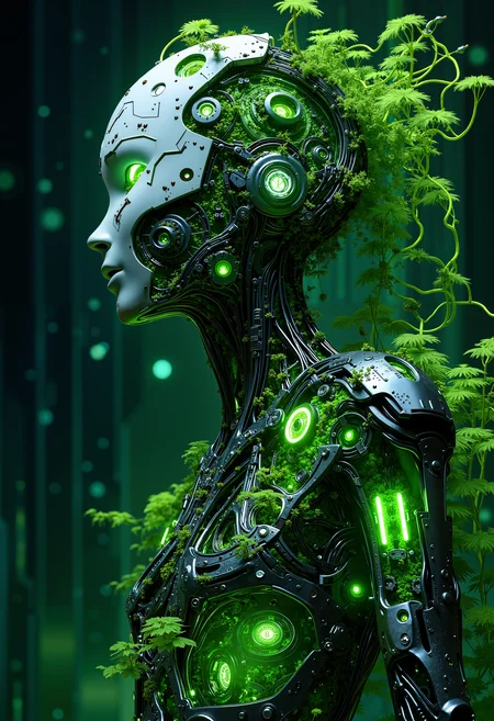 bo-naturepunk, naturecyberpunk, greenpunk, A futuristic, hyperrealistic portrait of a humanoid figure composed of intricate mechanical components and organic elements. The setting features a vibrant, neon green color palette, accented with glowing circuitry and bio-luminescent flora intertwined with metallic surfaces. The background is a dark, abstract digital landscape that enhances the luminous details of the figure. Emphasize the fusion of technology and nature, showcasing gears, wires, and green tendrils seamlessly integrated into the design. The overall aesthetic is a blend of sci-fi and biophilia, conveying a sense of advanced technology harmonizing with organic life.<lora:FLUX Naturepunk\bo-naturepunk-000012.safetensors:1.0:1.0>