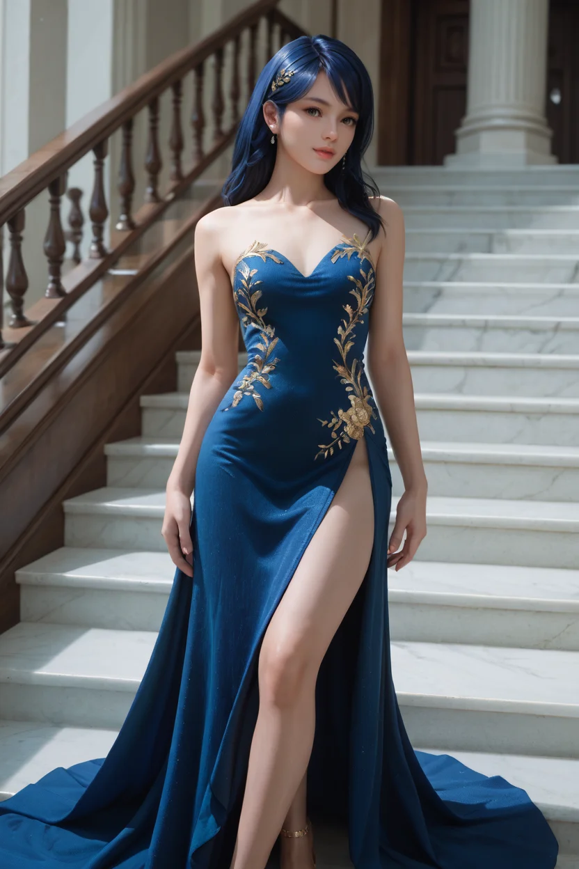 <lora:doa_lobelia:0.9> lobelia, gown, blue slit dress, gold trim, marble stairs, score_9, score_8_up, score_7_up, zPDXL3