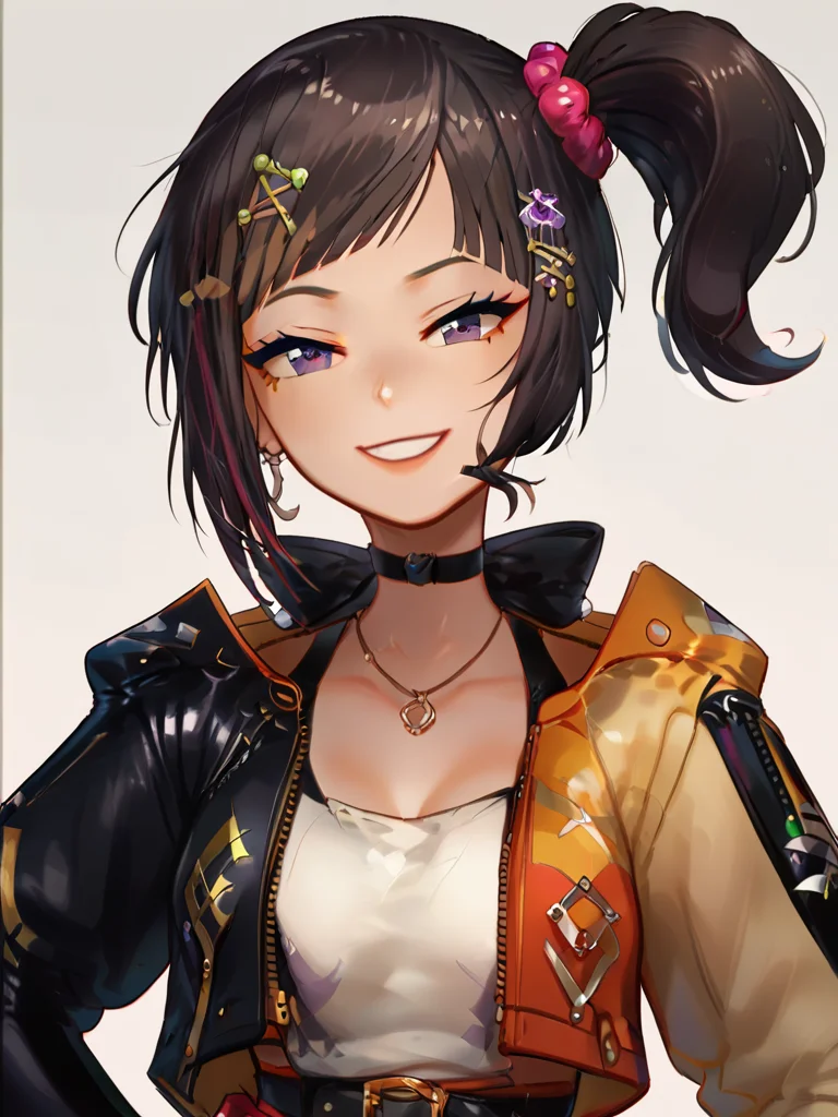 <lora:Sou HayasePDXL_v1:1>Sou HayasePDXL, 1girl, gloves, hair ornament, solo, smile, breasts, virtual youtuber, looking at viewer, jacket, jewelry, necklace, side ponytail, hand on hip, <lora:princess_xl_v2:0.8><lora:g0th1cPXL:0.3> g0th1cpxl<lora:Expressive_H:0.8> ExpressiveH<lora:NAI Smooth Boys Style SDXL_LoRA_20r_20e_8i_nr32_a16_Pony Diffusion V6 XL:0.8> score_9, score_8_up, score_7_up,