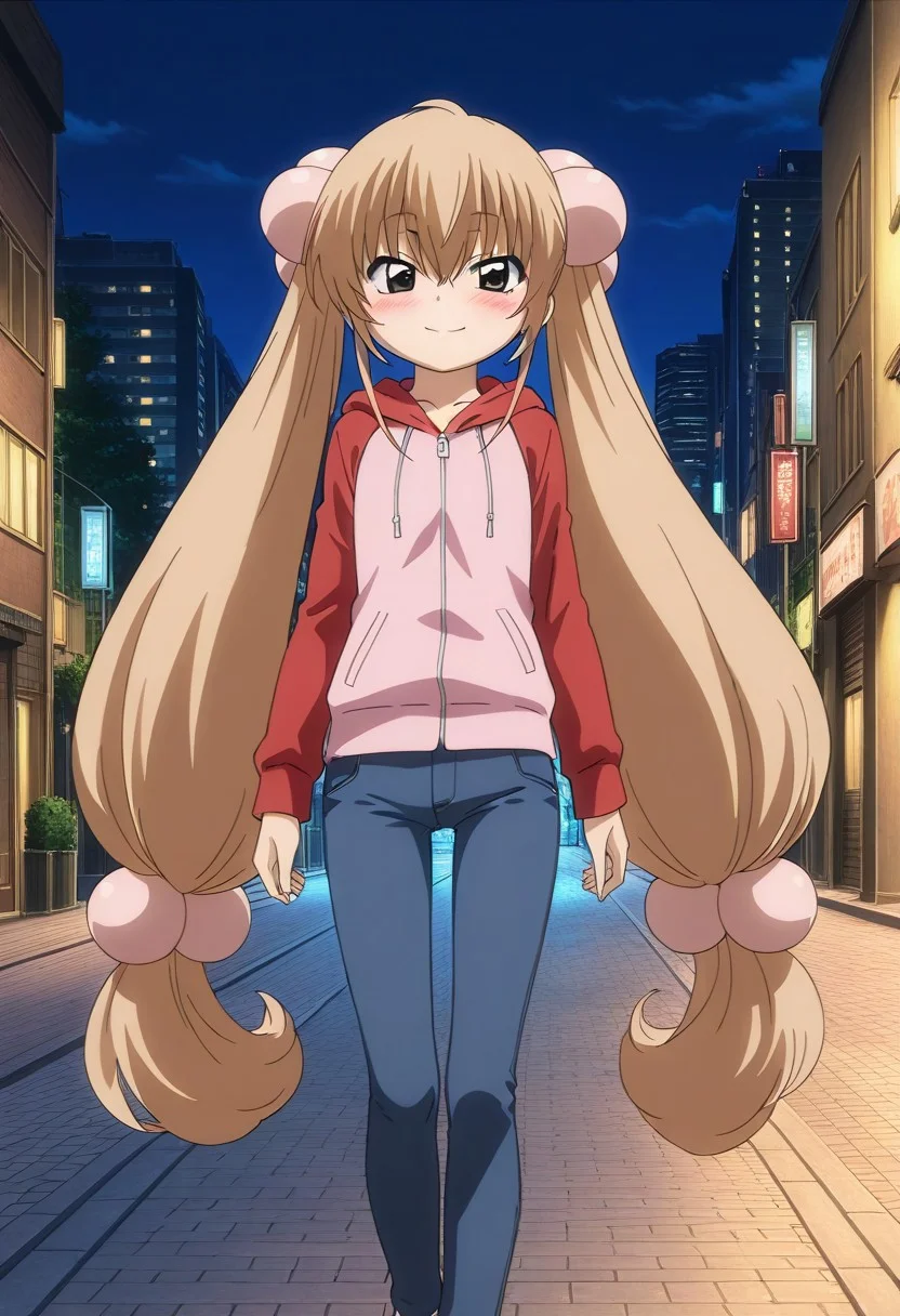 masterpiece, best quality, 1girl, kokonoe rin, light brown hair, brown eyes, twin tails, blush, petite, skinny, smile, hoodie, jeans pants, walking, outdoors, city, night
