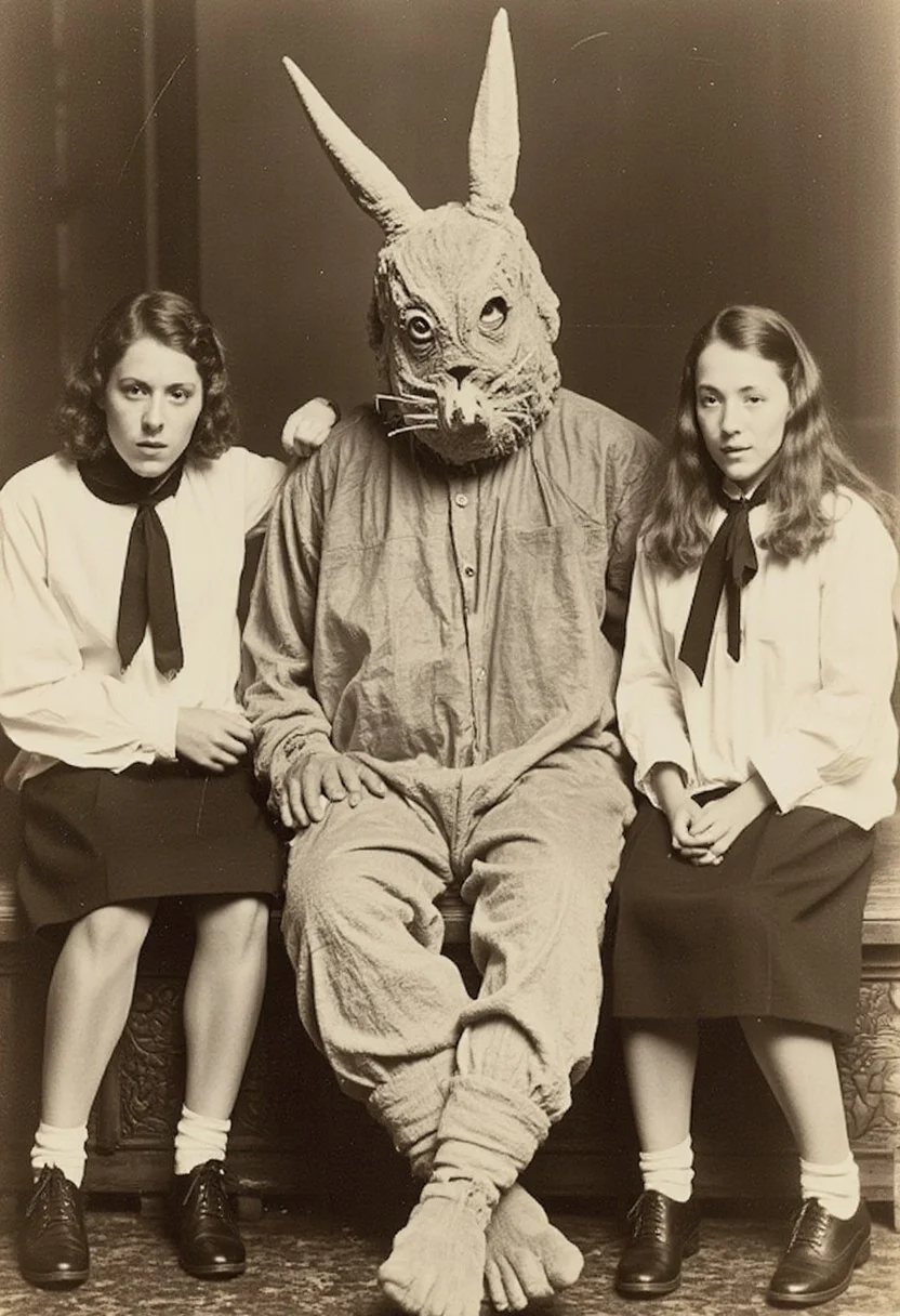 A group photo on Easter of the Easter Bunny, a tall human dressed in a comfy but slightly dirty and scary Easter Bunny costume. The costume looks like a onesie, very cheap and fake. The head like like it was hand made very badly. . He is sitting down with two (2) college students in front of him, one sitting on his lap. The college students are wearing formal church clothes. The students look scared because of the situation that are in but have to stay still because of how old the camera is. This is a VintageHalloween photo, which is monochrome with a slight sepia filter