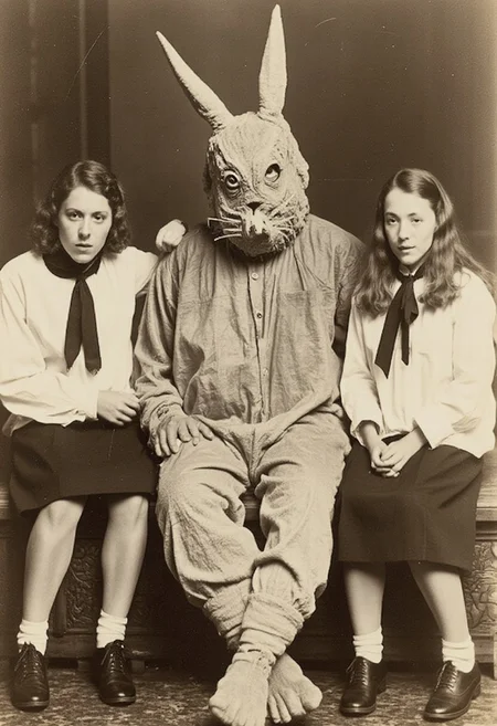 A group photo on Easter of the Easter Bunny, a tall human dressed in a comfy but slightly dirty and scary Easter Bunny costume. The costume looks like a onesie, very cheap and fake. The head like like it was hand made very badly. . He is sitting down with two (2) college students in front of him, one sitting on his lap. The college students are wearing formal church clothes. The students look scared because of the situation that are in but have to stay still because of how old the camera is. This is a VintageHalloween photo, which is monochrome with a slight sepia filter