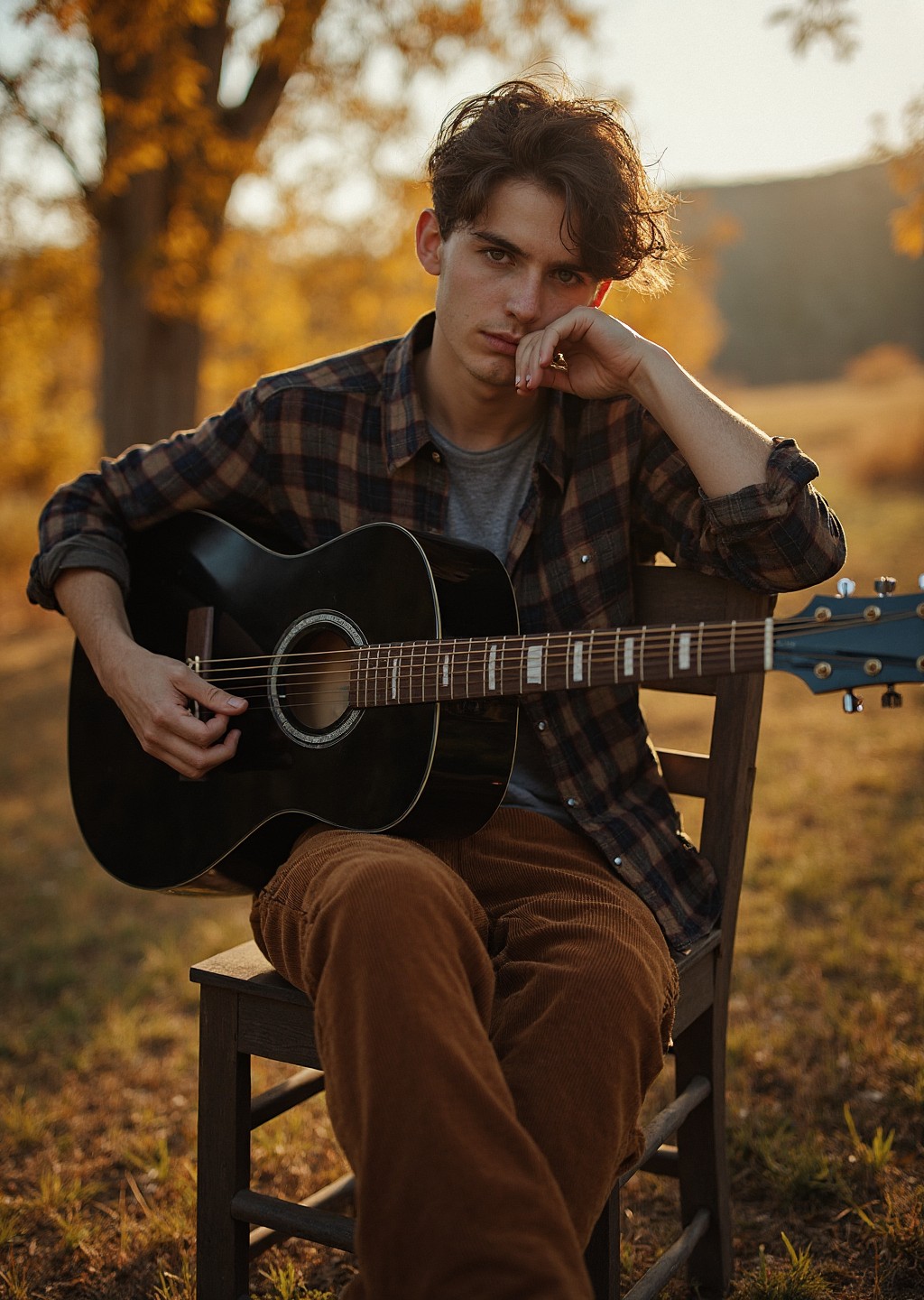 This photograph captures a young individual man sitting on a wooden chair in a rustic outdoor setting, surrounded by autumnal foliage. The subject, adorned in a plaid shirt and brown corduroy pants, rests their elbow on the back of the chair while cradling a black acoustic guitar. The scene is bathed in warm, golden light, suggestive of a late afternoon or early evening setting.

The photographer has employed a low-angle perspective, capturing the subject from below, which lends a sense of intimacy and vulnerability to the image. The warm light, likely a result of natural illumination, accentuates the textures of the subject's clothing and the wooden chair, imbuing the scene with a sense of coziness.

The image is shot in a serene, natural environment, free from any overtly suggestive or explicit content, making it suitable for all audiences. The overall mood of the photograph is contemplative and introspective, inviting the viewer to pause and appreciate the quiet beauty of the autumnal landscape.