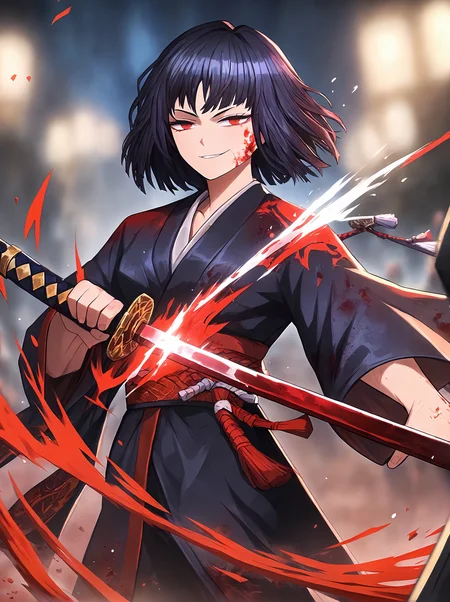 score_9,
<lora:limbus_company_v1_pruned:1>,
1girl, black hair, medium hair, smug, red eyes,
katana, holding katana, slashing, blood, blurry background, blood splash, black kimono,
multiple others,
dark background, night, black, dark,
high resolution, Masterpiece, detailed