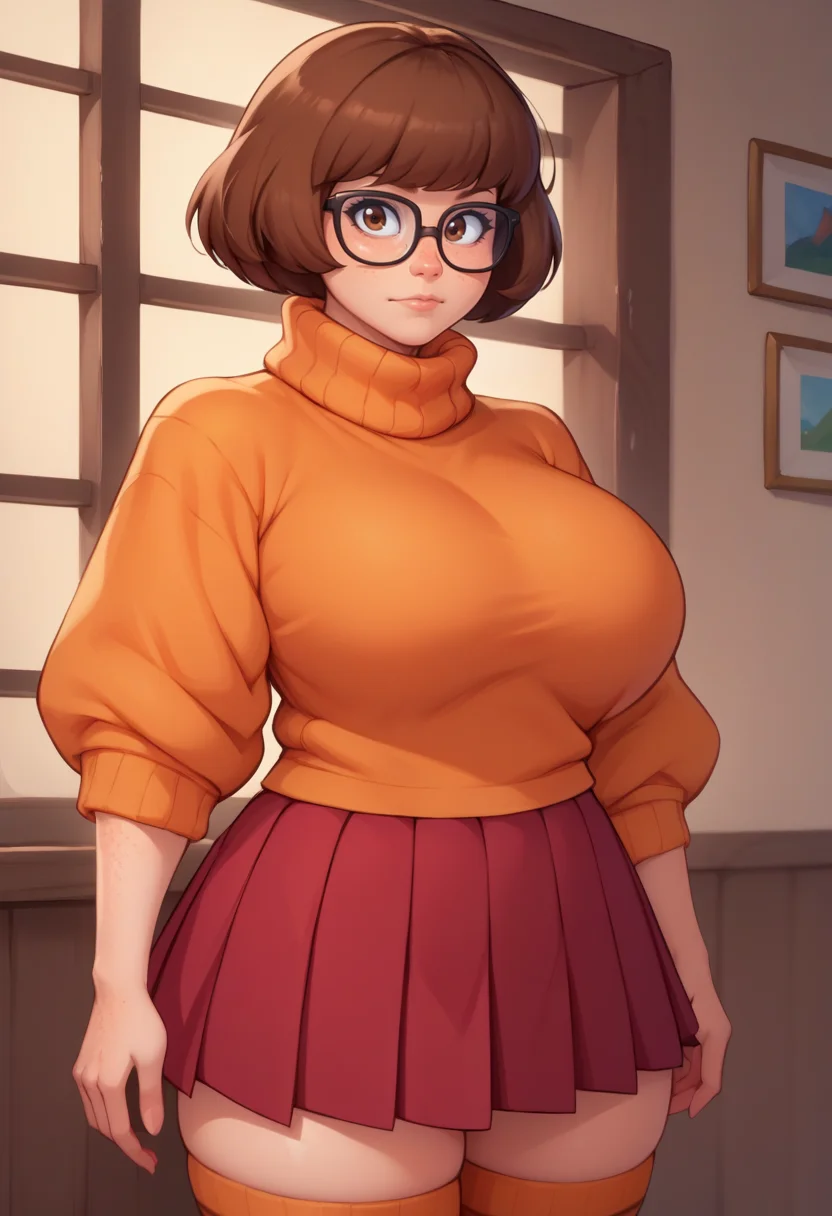 score_9, score_8_up, score_7_up, source_anime BREAK 1girl, <lora:velmaXL:1> VelmaXL, 1girl, solo, short hair, skirt, brown hair, shirt, pleated skirt, glasses, socks, sweater, kneehighs, red skirt, turtleneck, freckles, orange shirt, orange sweater, upper body, cowboy shot, brown eyes, large breasts, huge breasts