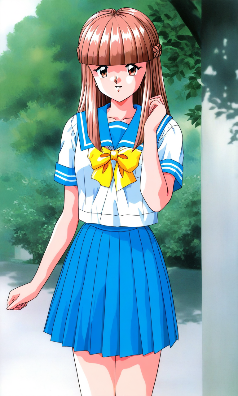 general,highres, ultra-detailed,very aesthetic,best quality ,best hands, BREAK <lora:Mikihara_Megumi_Tokimeki_Memorial_IS:1>
Mikihara_Megumi(Tokimeki_Memorial), 1girl, solo, light brown hair, long hair, brown eyes, blunt bangs, braid,
smile, blue serafuku, yellow bow, blue skirt, short sleeves, blue sleeve, pleated skirt, one hand up,
blue sailor collar, parted lips, tree, outdoors, white shirt,
looking at viewer,