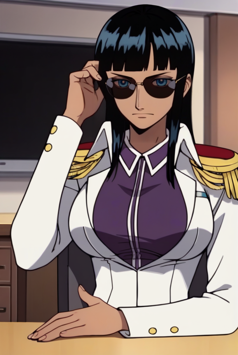 score_9, score_8_up, source_anime,  BREAK solo, 1girl, cowboy shot, looking at viewer,
<lora:NicoRobinAIOptwoPdxlDwnsty-000007:0.8>, g_eight, blue eyes, black hair, medium hair, blunt bangs, dark-skinned female, sunglasses, tinted eyewear, epaulettes, military uniform, white jacket, purple shirt, collared shirt, 
large breasts, serious, adjusting hair, hand on own hip, 
indoors, office, desk, chair, hands on table,