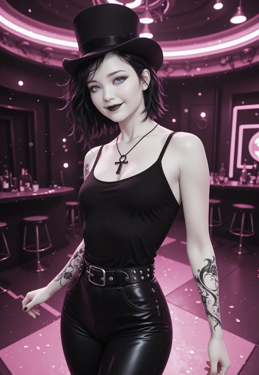 (masterpiece:1.4), (best quality:1.3), (very aesthetic:1.2), (hyperdetailed:1.05), 8k, ultra-HD, newest, depth of field, (realistic), highres, newest, dramatic angle, dynamic pose,
cinematic composition,
1girl, looking at viewer, perfect fingers, pale skin detailed_eyes, subject_focus,
<lora:Riona-PXL:1> Riona-PXL, Riona, riona-tat, tattoo, 3D, asian girl, solo, upper body, looking at viewer, perfect fingers, ((pale skin)). black hair,
detailed_eyes, subject_focus, tilted head, bokeh,
makeup, (arm tattoo), small breasts, short hair, messy hair, half asian, ((blue eyes)), black lips, perfect face, perfect eyes, cinematic lighting, detailed skin, detailed hair, detailed eyes, absurdres, photo, photorealistic, ethereal atmosphere, cinematic composition, confident posture, cleavage, ((pale skin)),
<lora:Death of the EndlessilluLoRA:1>dethofend, white skin, black hair, ankh necklace, tank top, belt, pants, smile, dancing, top hat,
off shoulders, black leather pants, studded belt
(dimly lit),(((monochrome:1.5, black and white))),
(((black, pink, white, Limited Palette, monochromatic colors)))
