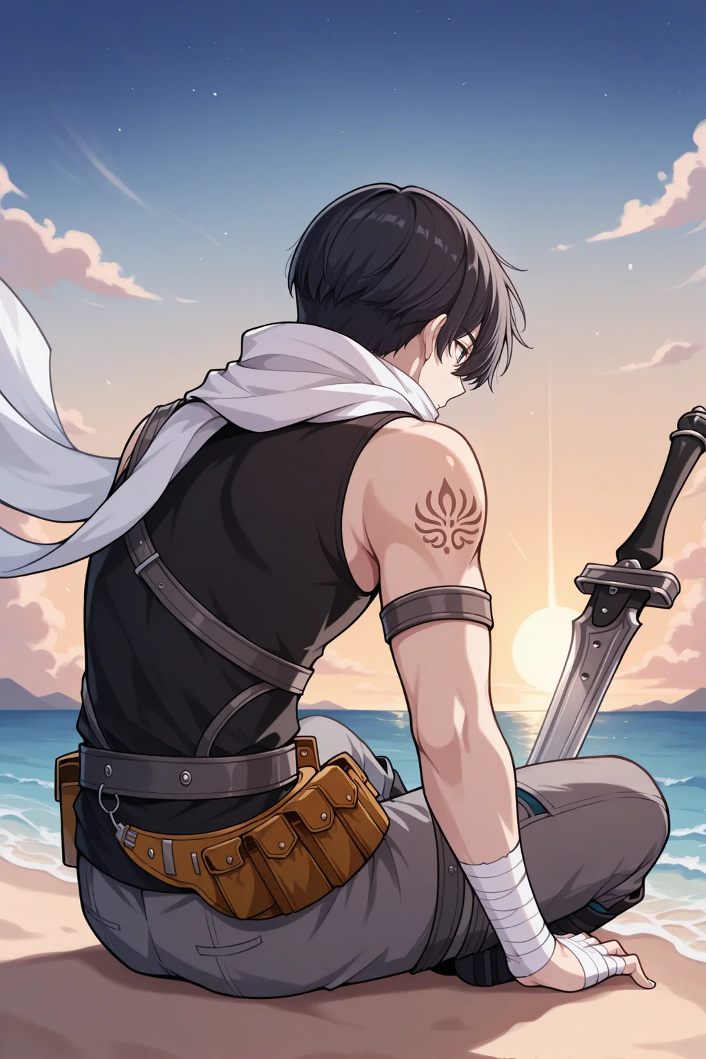 masterpiece, best quality, 1boy, male focus, solo <lora:joshuabright-illu-nvwls-v1-000006:1> scJsha, black hair, short hair, shoulder tattoo, white scarf, sleeveless shirt, black shirt, black straps, black belt, belt pouch, grey pants, black boots, bandaged hands, from behind, beach, sunset, blue sky, wide shot, full body, dark sky, looking away, sitting, on ground, two planted swords