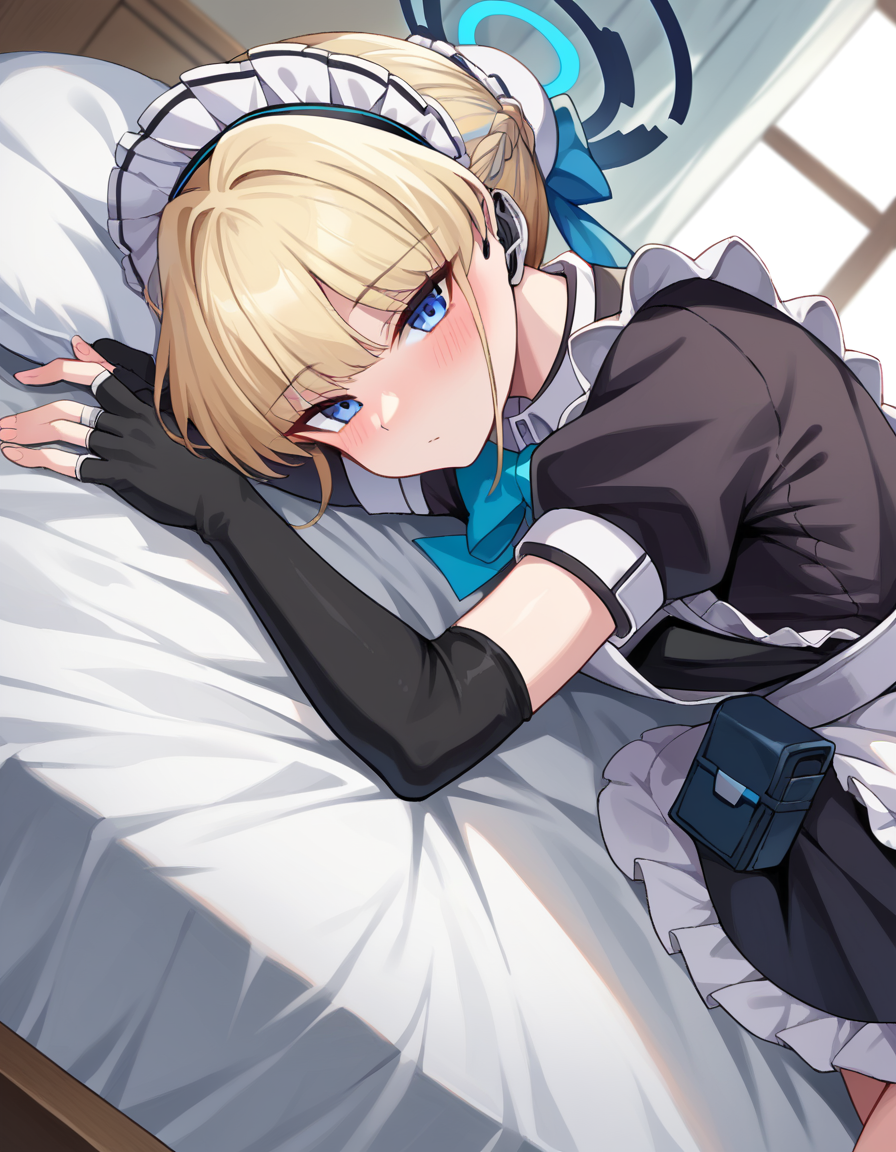 score_9, score_8_up, score_7_up, source_anime,
tokiasuma, <lora:toki-asuma-ponyxl-lora-nochekaiser:1>
toki, blonde hair, blue eyes,
hair bun, short hair, halo, apron, belt pouch, black dress, black gloves, blue bow, bow, dress, elbow gloves, fingerless gloves, gloves, halo, long sleeves, maid, maid apron, maid headdress, pouch,
indoors, bed, bed room, on side, blush, drunk,
looking at viewer, dutch angle, cowboy shot