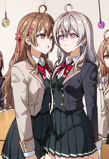 Alya and Yuki and Maria hypnotized,
score_9, anime, 3girls, lewd, smooth,
mind control, hypnosis, spiral eyes, pendulum, looking at pendulum,
3girls,
Alya (character), ahoge, bangs, grey hair, hair between eyes, blue eyes, red ribbon in hair,
Yuki (character), long hair, brown hair, purple eyes, blazer, pleated skirt, long sleeves,
Maria (character), brown hair, long hair, brown eyes, hair flower ornament, ahoge