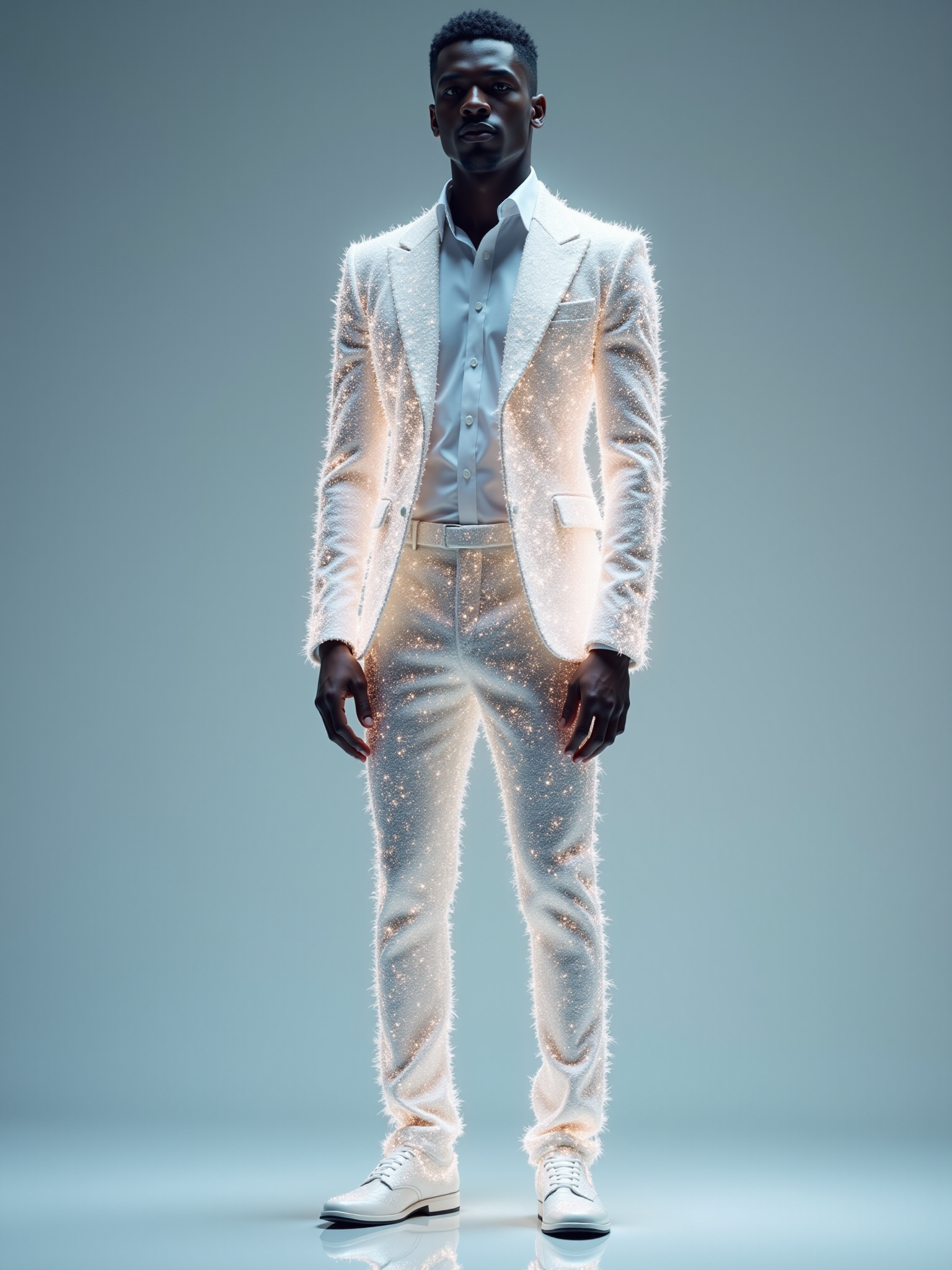 A full-body shot of a male model standing upright, featuring a sharply tailored jacket and trousers seemingly woven from pure light and crystal. The material is rendered with astonishing hyperreal detail, composed of countless tiny, intricate crystal facets that display a dynamic futurism hyperreal iridescent effect, shimmering in bright, positive colors. Integrated within the crystal structure are fine threads of light that are subtly glowing, casting faint reflections on the model's polished shoes. This piece of digital art is captured with cinematic clarity against a clean, bright backdrop, emphasizing the surreal, glowing, reflective texture of the crystalized fashion.
<lora:ral-iridescent-hyperreal-futurism-flux_000003000:1>