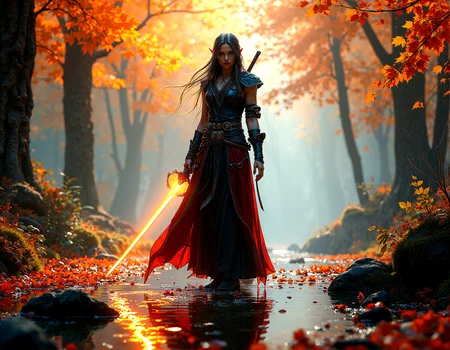 photorealistic image of a female dark elf warrior standing in an enchanted sanctuary, surrounded by glowing autumn leaves, her katana emitting a bright, mystical light, water at her feet reflecting the vibrant colors, detailed textures on her clothing and the environment, ethereal beams of light creating a magical atmosphere, next-gen graphics, high-definition, complex composition, cinematic
cinematic scene, cinematic lighting, intricate detail skin and facial texture, lifelike expression, accurate character design, dynamic pose, interesting and complex background details, complex dynamic pose,