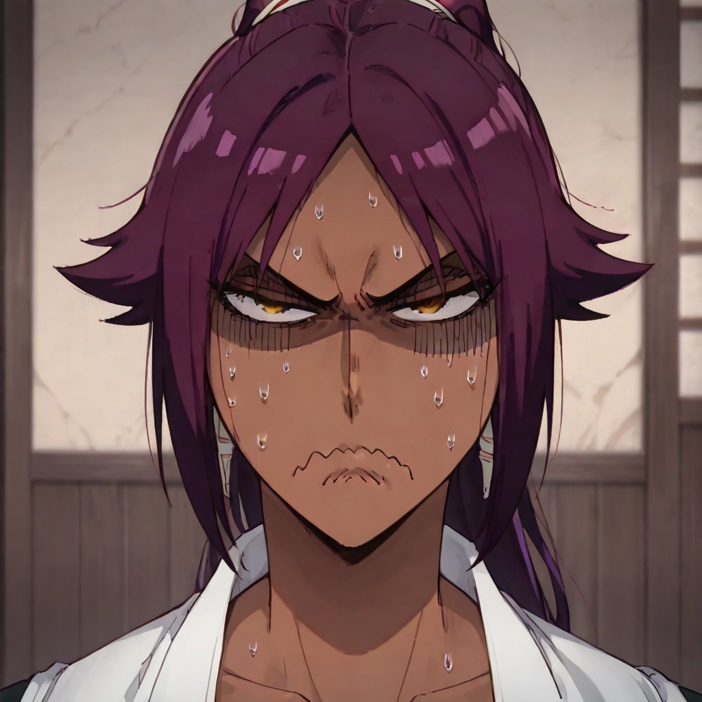 masterpiece, best quality, newest, absurdres, highres, anime, anime style, 
YorButthurtFaceIL-V1.0,
angry, annoyed, expressive, exxagerated exxpresion, frown, shaded face, wavy mouth, sweating profusuely,
1girl, shihouin yoruichi \(bleach\), dark-skinned female, yellow eyes, ponytail, Purple hair,