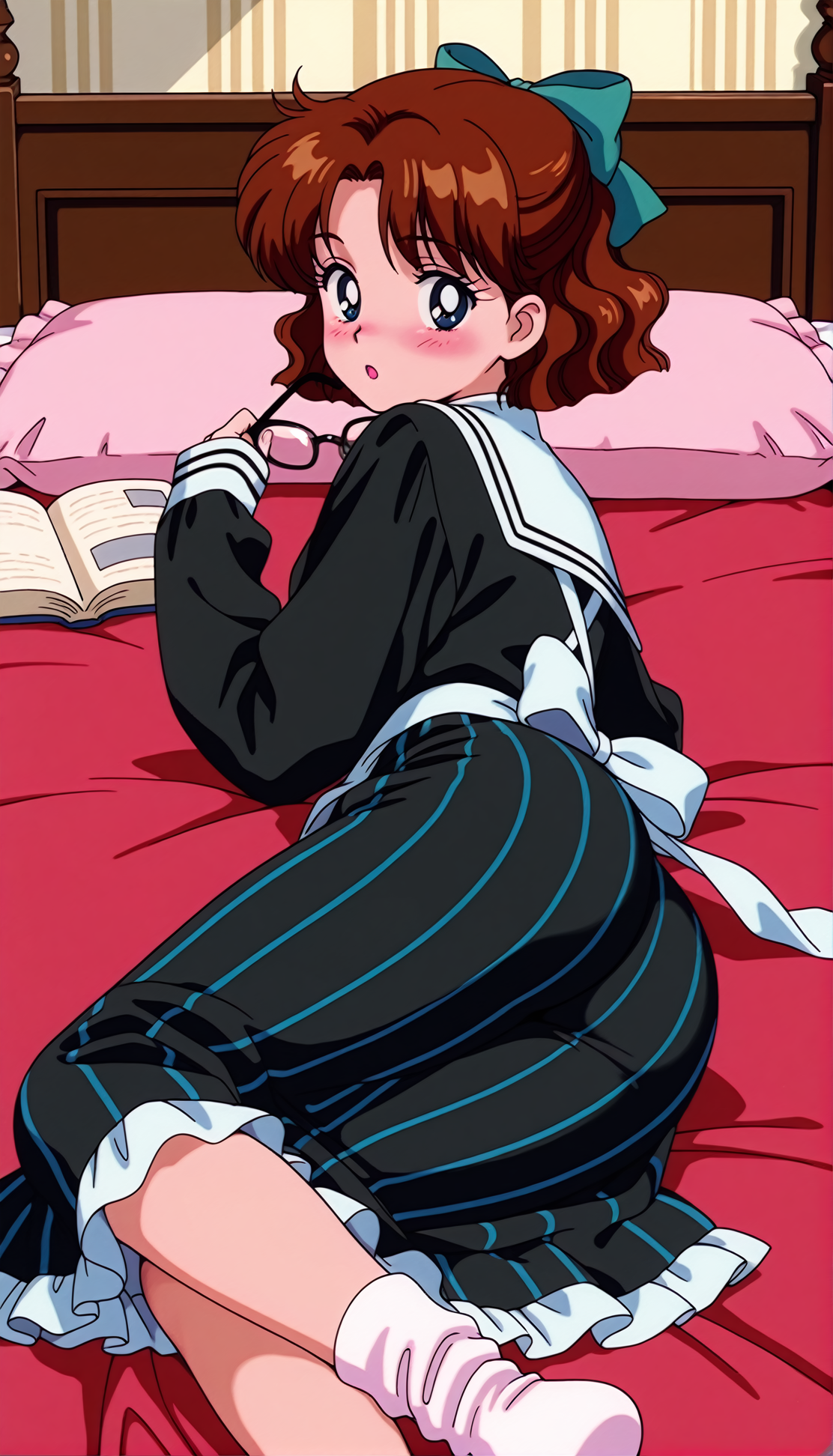 masterpiece,best quality,amazing quality,1990s \(style\),OsakaNaru ill,1girl,solo,blue eyes,short hair,brown hair,hair bow,looking at viewer,ribbon,dress,book,glasses,long sleeves,black dress,eyewear removed,blush,holding,socks,looking back,black-framed eyewear,:o,lying,open mouth,ass,sleeves past wrists,skirt,bow,striped,vertical stripes,bedroom,<lora:OsakaNaru ill:0.8>,