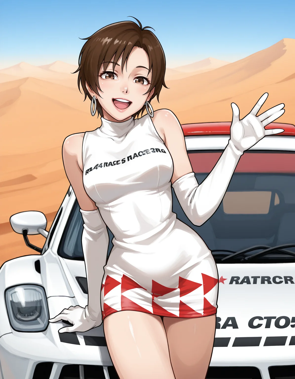 <lora:nagase-reiko-illustrious-000020:1> n4g4s3r3ik0, earrings, short dress, elbow gloves
1girl, solo, in the desert, a rally race car in the background, smiling, open mouth