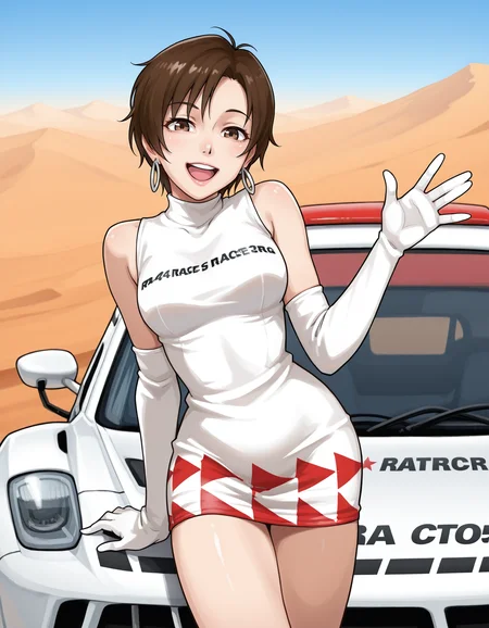 <lora:nagase-reiko-illustrious-000020:1> n4g4s3r3ik0, earrings, short dress, elbow gloves
1girl, solo, in the desert, a rally race car in the background, smiling, open mouth