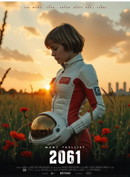 <lora:alisa-selezneva1:0.75> ALSEL A movie poster with a dramatic, cinematic style. dutch shot The image is dominated by a young woman with short hair wearing futuristic super detailed quilted white and red loose fit heavy spacesuit, with bulky gauntlets and shoulder pads, angular design breastplate, with red "CCCP" and USSR flag patches. standing in a field of tall grass and red wildflowers. She's facing right, her head slightly bowed as she looks down at the big super detailed angular design empty space helmet with golden faceted crystal like visor she's holding in her hands. The setting sun casts a warm, golden light over the scene, creating a halo effect around the astronaut's hair. The sky is a mix of warm oranges and yellows near the horizon, fading into cooler blues and grays higher up, with some epic clouds spiraling across it. there are come futuristic glass towers at the horizon. The overall feeling is one of quiet contemplation and awe.
The title of the movie, "2061" is written in bold sans serif glass font across the bottom third of the poster, partially obscured by the grass. The overall composition is simple but effective, using light, color, and girls posture to evoke a sense of wonder and longing. <lora:EpicMoviePoster:0.65>