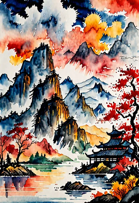 score_9, score_8_up, score_8_up, ((Cinematic composition)),((masterpiece)), (resplendent lighting), absurdres, very fine detail, 8k. Deep rich colours. Chinese watercolours and ink. 
a traditional Chinese landscape with mountains, a lake, stormy skies, pine trees and alien spaceships landing, invasion forces, sunset through the clouds, modern art. 
<lora:sdxl_lightning_8step_lora.safetensors:1.0>, <lora:add detail xl.safetensors:1.5>