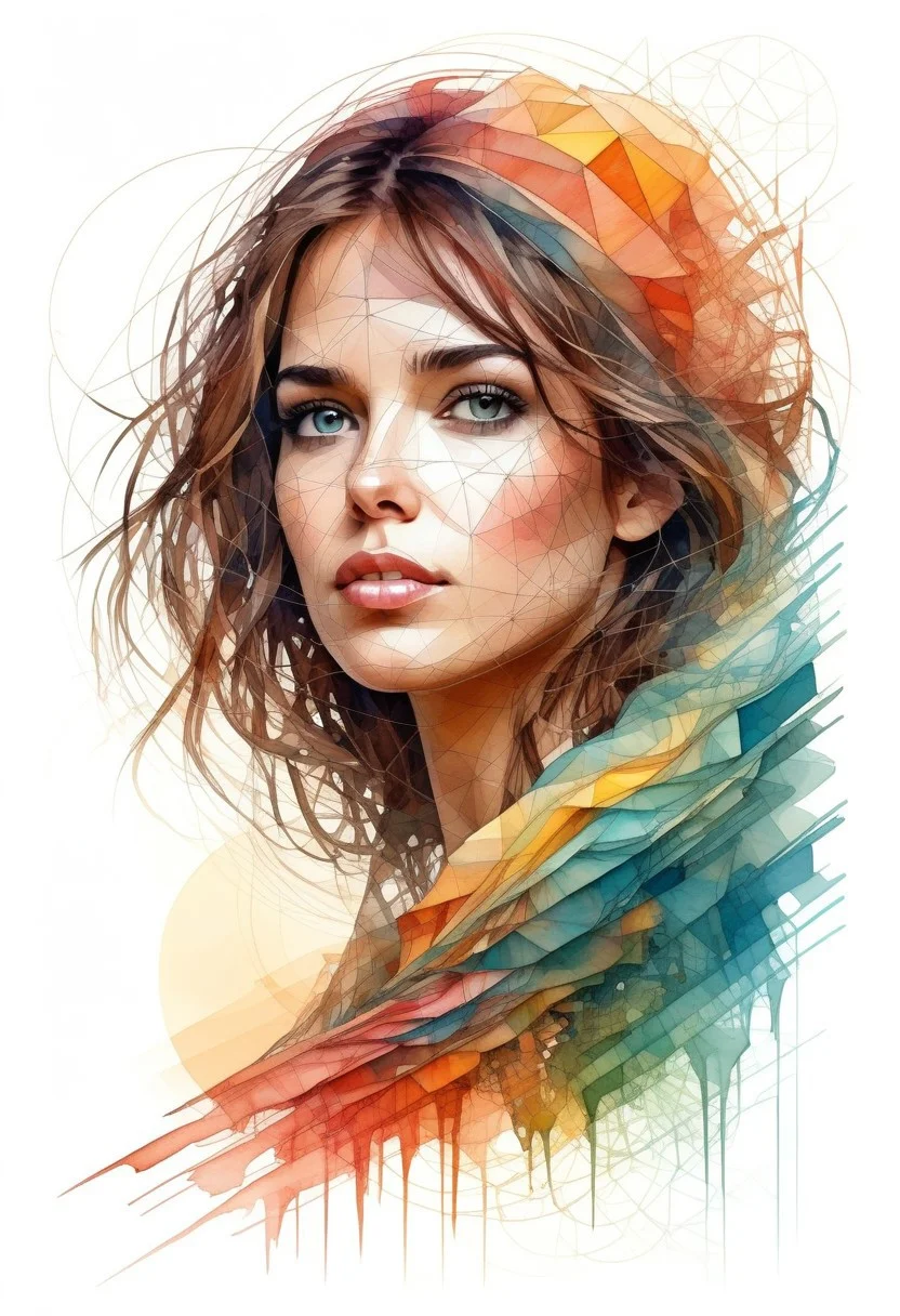 A beautiful girl, digital watercolor Illustration, summers cape sunrise, complex contrast, highly details, geometric Bauhaus abstract vector fractal, in style of Carne Griffiths, triadic colors, wave function