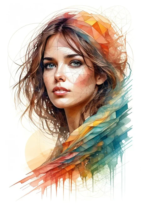 A beautiful girl, digital watercolor Illustration, summers cape sunrise, complex contrast, highly details, geometric Bauhaus abstract vector fractal, in style of Carne Griffiths, triadic colors, wave function