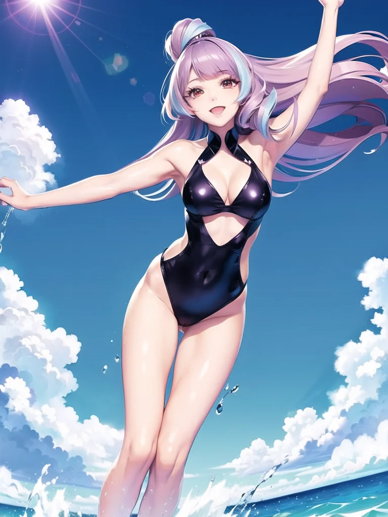 1girl, solo,(best quality),(masterpiece:1.1), full body, looking_at_viewer, dynamic angle, swimsuit, cute, clear facial skin,