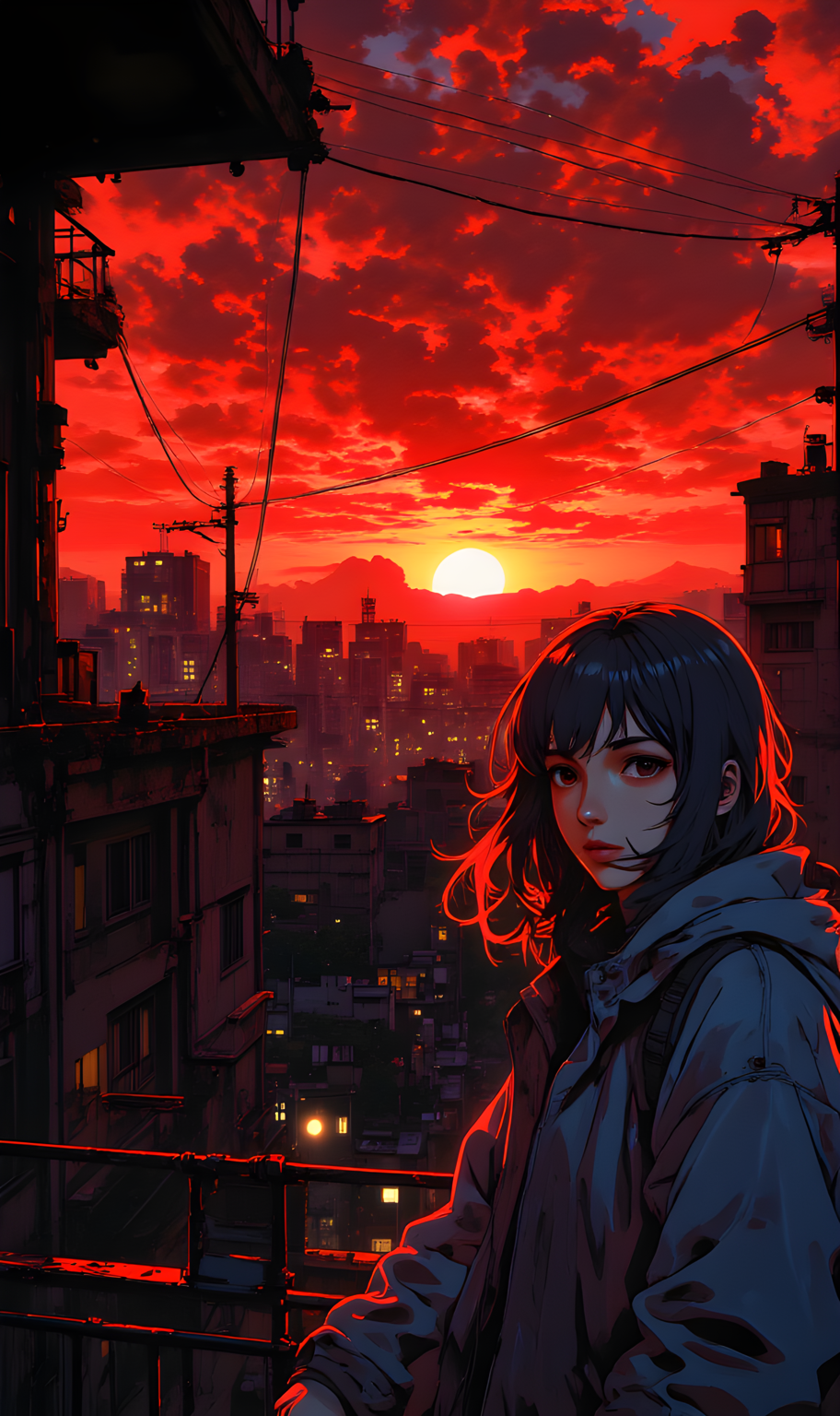 A hauntingly beautiful tableau of urban decay and fiery splendor, set against the backdrop of a city at dusk. The sky above is ablaze with vibrant hues of crimson and orange, as though the sun has dipped below the horizon, leaving behind a canvas of molten colors that stretch across the heavens. Below, the cityscape unfolds in shadowy silhouettes of buildings and structures, their outlines punctuated by flickering lights that hint at life within.
In the foreground stands a young woman, her presence both striking and enigmatic. Her hair is dark and flowing, cascading down her shoulders in loose waves that seem to catch the light like strands of flame. She wears a heavy jacket, its dark fabric blending seamlessly with the muted tones of the environment, yet it hints at resilience and readiness. Her expression is calm but intense, her gaze directed slightly off-camera as though she is lost in thought or focused on something unseen.
The setting is gritty and industrial, with power lines crisscrossing the sky and adding a sense of complexity to the composition. A dilapidated balcony railing runs along one side of the frame, suggesting an elevated vantage point from which the woman observes the world below. In the distance, a silhouette of a cat can be seen perched on the railing, its form small but significant, adding a touch of quiet life to the otherwise still scene.
The interplay of light and shadow is masterful, with the warm glow of the sunset casting long shadows and highlighting the textures of the buildings and the womanâs attire. The overall mood is one of solitude and contemplation, as though she is standing at the edge of a world caught between beauty and decay. The fiery sky contrasts sharply with the cool blues and grays of the city, creating a dramatic tension that draws the viewer into this moment of quiet introspection. It is a scene that feels both timeless and urgent, inviting reflection on the duality of human existence amidst the relentless march of time.
j_art, anime, anime art, <lora:FLUX\jul\J_Anime:0.7>, <lora:FLUX\RealAnime:0.7>