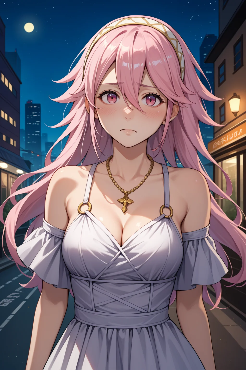 score_9, score_8_up, score_7_up, score_6_up, source_anime, 1girl, solo, <lora:fesoleil-pdxl-nvwls-v1-000005:1> feSlil, pink hair, long hair, hair between eyes, pink eyes, hairband, medium breasts, big breasts, silver dress, o-ring dress, gold necklace, cleavage, looking at you, blush, embarrassed, night, city