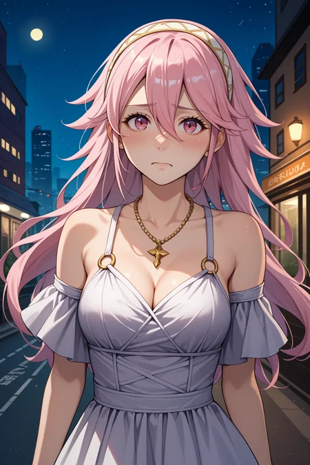score_9, score_8_up, score_7_up, score_6_up, source_anime, 1girl, solo, <lora:fesoleil-pdxl-nvwls-v1-000005:1> feSlil, pink hair, long hair, hair between eyes, pink eyes, hairband, medium breasts, big breasts, silver dress, o-ring dress, gold necklace, cleavage, looking at you, blush, embarrassed, night, city