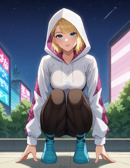 score_9, score_8_up, score_7_up, BREAK
(masterpiece, best quality, 8k resolution, (anime screencap:1.5)), Spider-Gwen, Gwen Stacy, white and pink Spider suit, crouching on a rooftop at night, city lights below, dark and starry sky, glowing moon in the background, detailed buildings and streets illuminated, wind blowing her hood and suit, 2d anime style, intricate details in her suit and the city, stealthy and mysterious atmosphere, depth of field, volumetric lighting, high dynamic range, sense of vigilante and protection