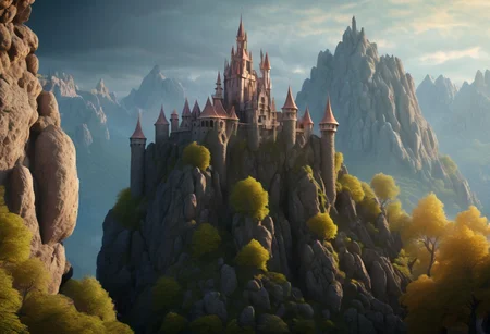 8K, fairy tale castle in a (rock spire), mountain on background