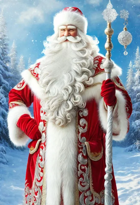 ((best quality)), ((masterpiece)), detailed soft oil painting, detailed background, soft edge lighting, professional, ultra quality, 4k,(masteriece, best quality, 8k, ultra highres, highres:1.4), extremely detailed,
((a strong man of 60 years old with a long snow-white beard in the image of Russian, slavic Ded Moroz))
(standing:2) (full body photo:2) in the snowy forest,
stands in a snowy forest among snow-covered fir trees,
in a white fur coat trimmed with swan down or sable fur, embroidered with traditional Russian ornaments in silver - stars, crosses, geese, drawing in the style of oil painting, medium brush strokes, khokhloma style, slavic style,
On the head is a traditional white warm boyar hat in the shape of a semi-oval, decorated with traditional Russian silver and pearl embroidery, trimmed with swan's down.
on her hands are huge white three-fingered mittens, decorated with traditional Russian silver embroidery.
The fur coat is tied with a white sash, embroidered with traditional Russian patterns.
On his feet are exclusively white felt boots embroidered with silver.
(((With his right hand he holds a long magical crystal staff with a twisted handle. The staff is decorated with a moon and a bull's head))).
looks at the viewer, cheerful calm kind look, kind smile, cheeks red from frost,
winter, a bright sunny frosty day, fluffy Christmas trees in snow, snow sparkles under the rays of the sun,
by Viktor Vasnetsov, by Vasily Surikov