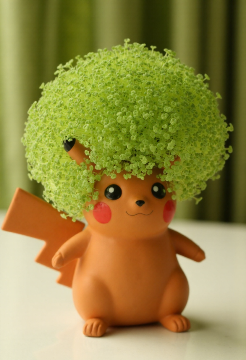 <lora:Chia_Pet_Planter_FLUX-000013:0.9> 
Photograph of a terracotta clay pikachu, adorned with a lush, vibrant green plant. It is is sitting on a table.