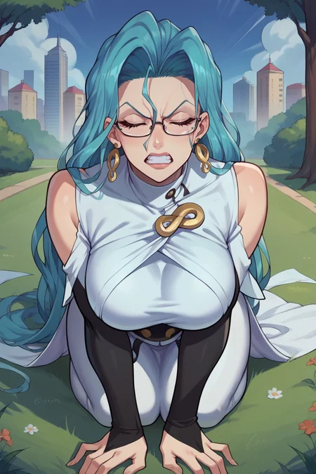 score_9, score_8_up, score_7_up, score_6_up, source_anime, BREAK 1girl, mature female, <lora:psykos-pdxl-nvwls-v1-000005:1> psykos, cyan hair, wavy hair, very long hair, glasses, earrings, white dress, brooch, underbust, long dress, bridal gauntlets, large breasts, all fours, closed eyes, clenched teeth, grass, city, park, night sky, looking at you